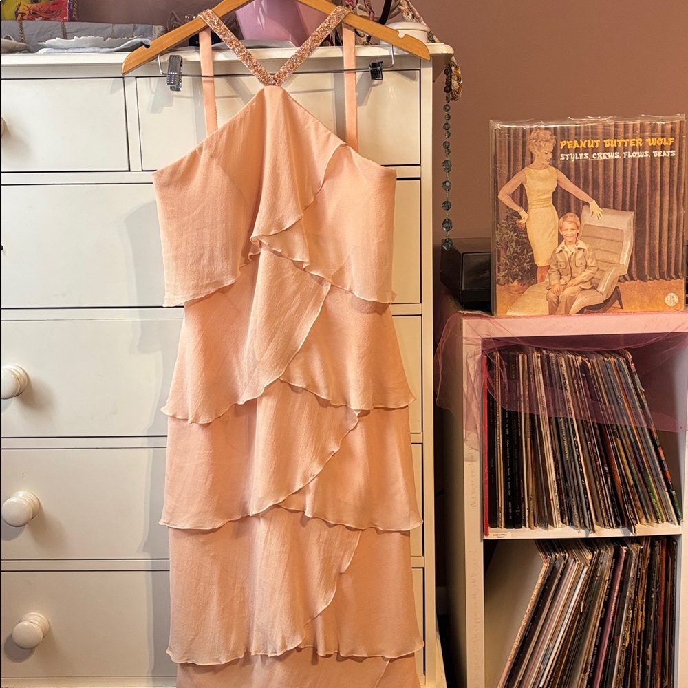 Y2K Vintage Daymor Couture Silk Halter Party Formal Beaded 8 Peach Pink Tiered M